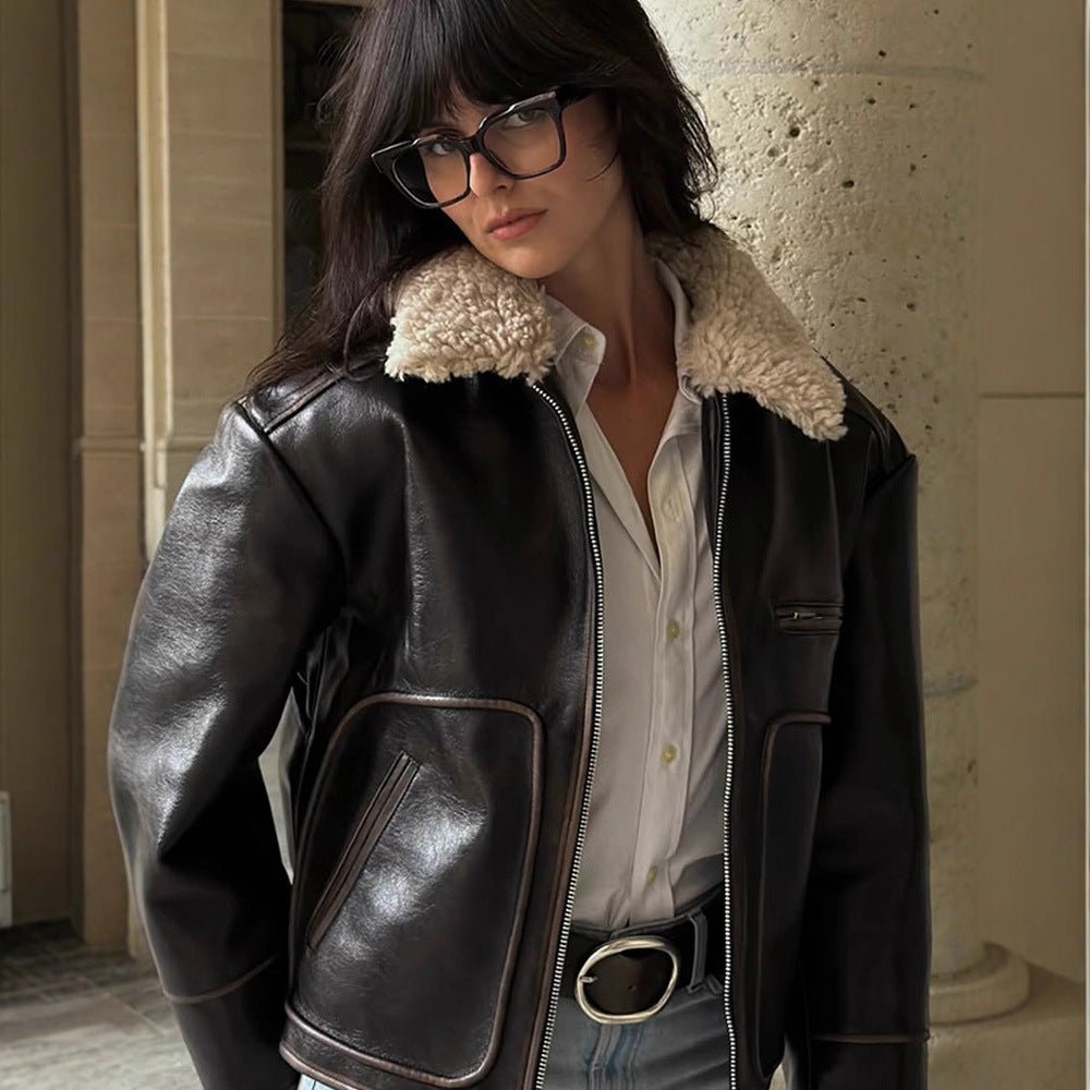 Women Short Cut Leather Imitation Bomber Jacket with Voluminous Teddy Shawl Collar and Distinctive Decorative Seams Chichicherry - Chichicherry