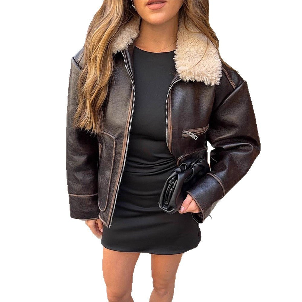 Women Short Cut Leather Imitation Bomber Jacket with Voluminous Teddy Shawl Collar and Distinctive Decorative Seams Chichicherry - Chichicherry