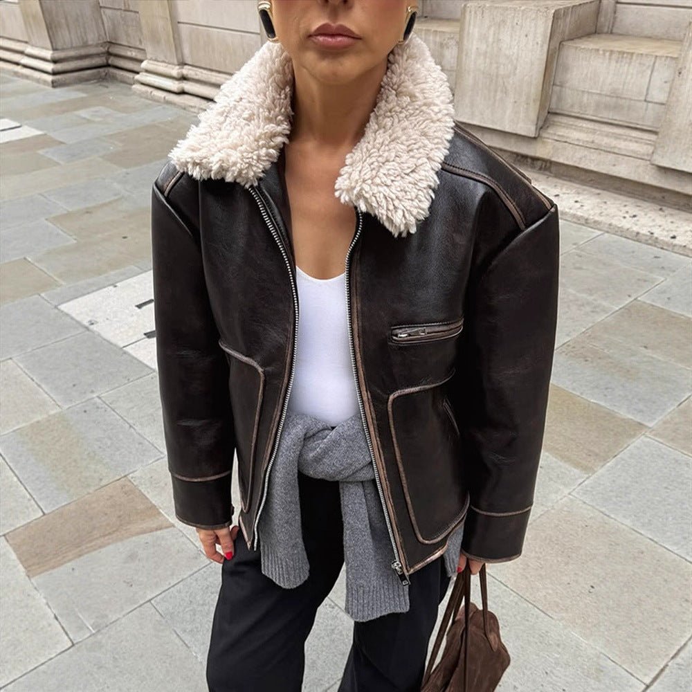 Women Short Cut Leather Imitation Bomber Jacket with Voluminous Teddy Shawl Collar and Distinctive Decorative Seams Chichicherry - Chichicherry