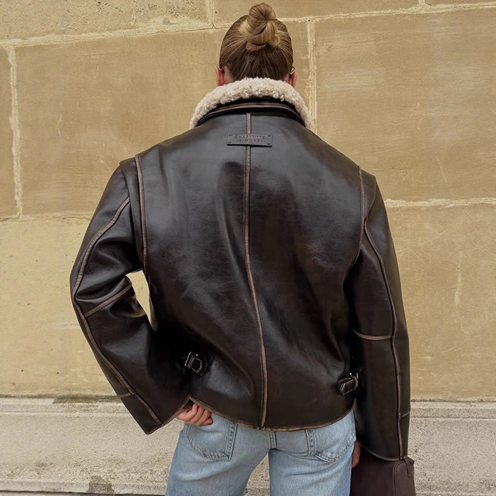 Women Short Cut Leather Imitation Bomber Jacket with Voluminous Teddy Shawl Collar and Distinctive Decorative Seams Chichicherry - Chichicherry
