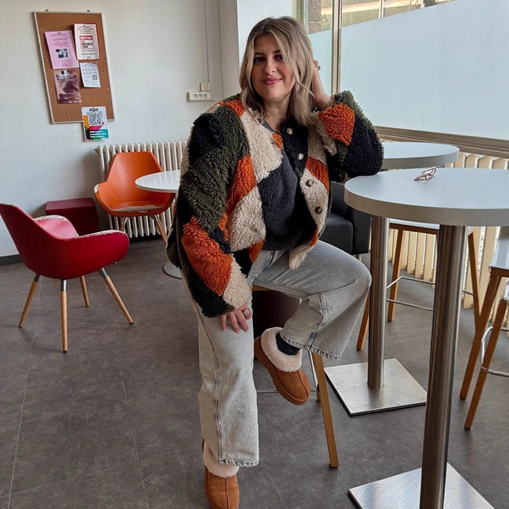 Women Short-Cut Patchwork Teddy Jacket with Textured Loop Fiber and Snap Button Placket Chichicherry - Chichicherry