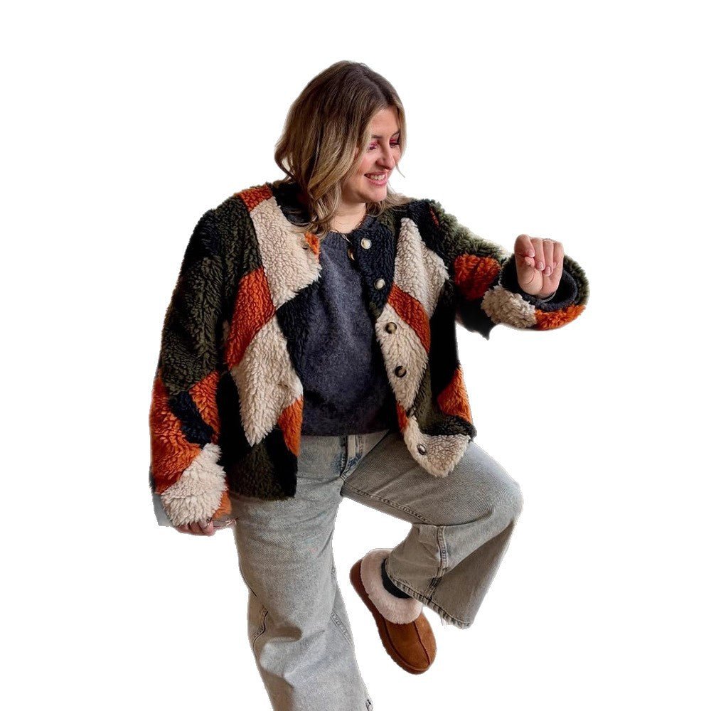 Women Short-Cut Patchwork Teddy Jacket with Textured Loop Fiber and Snap Button Placket Chichicherry - Chichicherry