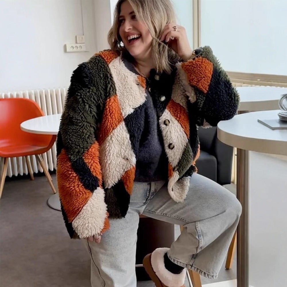 Women Short-Cut Patchwork Teddy Jacket with Textured Loop Fiber and Snap Button Placket Chichicherry - Chichicherry