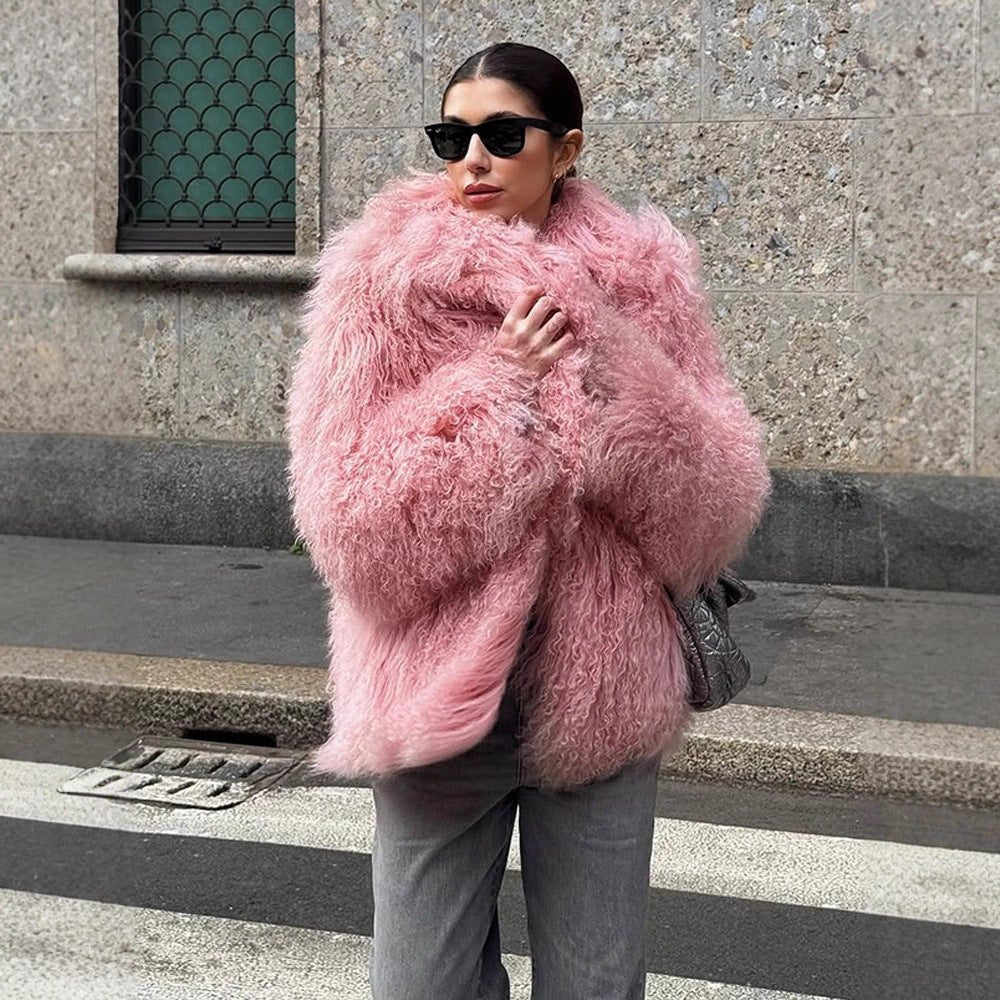 Women Short Cut Shaggy Faux Fur Coat with voluminous Shawl Collar and Oversized Silhouette Chichicherry - Chichicherry