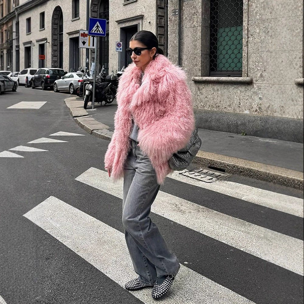 Women Short Cut Shaggy Faux Fur Coat with voluminous Shawl Collar and Oversized Silhouette Chichicherry - Chichicherry