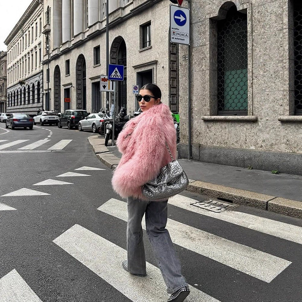 Women Short Cut Shaggy Faux Fur Coat with voluminous Shawl Collar and Oversized Silhouette Chichicherry - Chichicherry