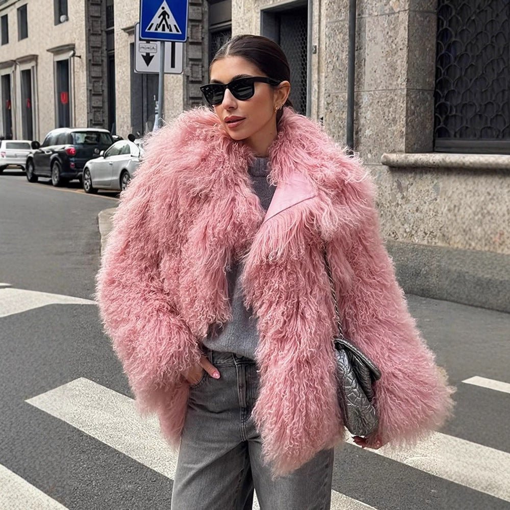 Women Short Cut Shaggy Faux Fur Coat with voluminous Shawl Collar and Oversized Silhouette Chichicherry - Chichicherry