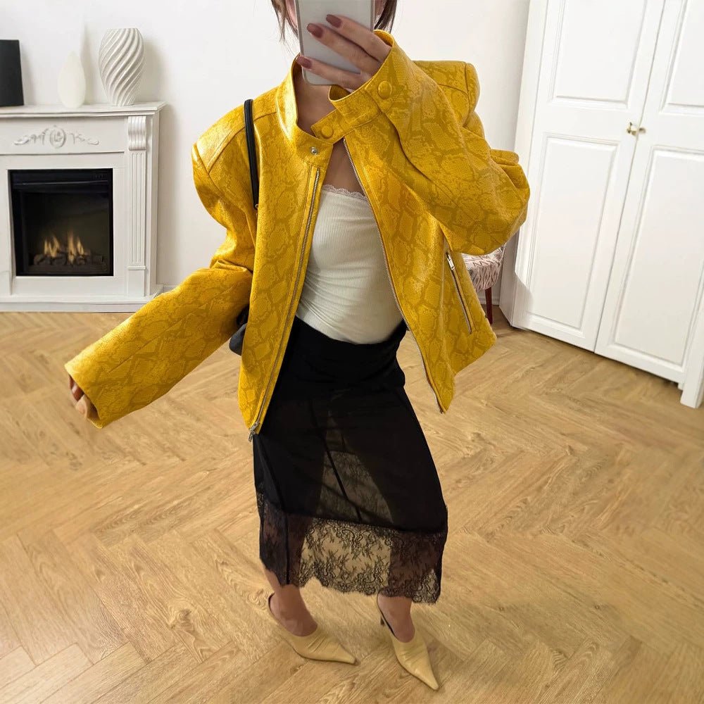 Women short cut snake embossed biker jacket with stand collar and zip pockets Chichicherry - Chichicherry