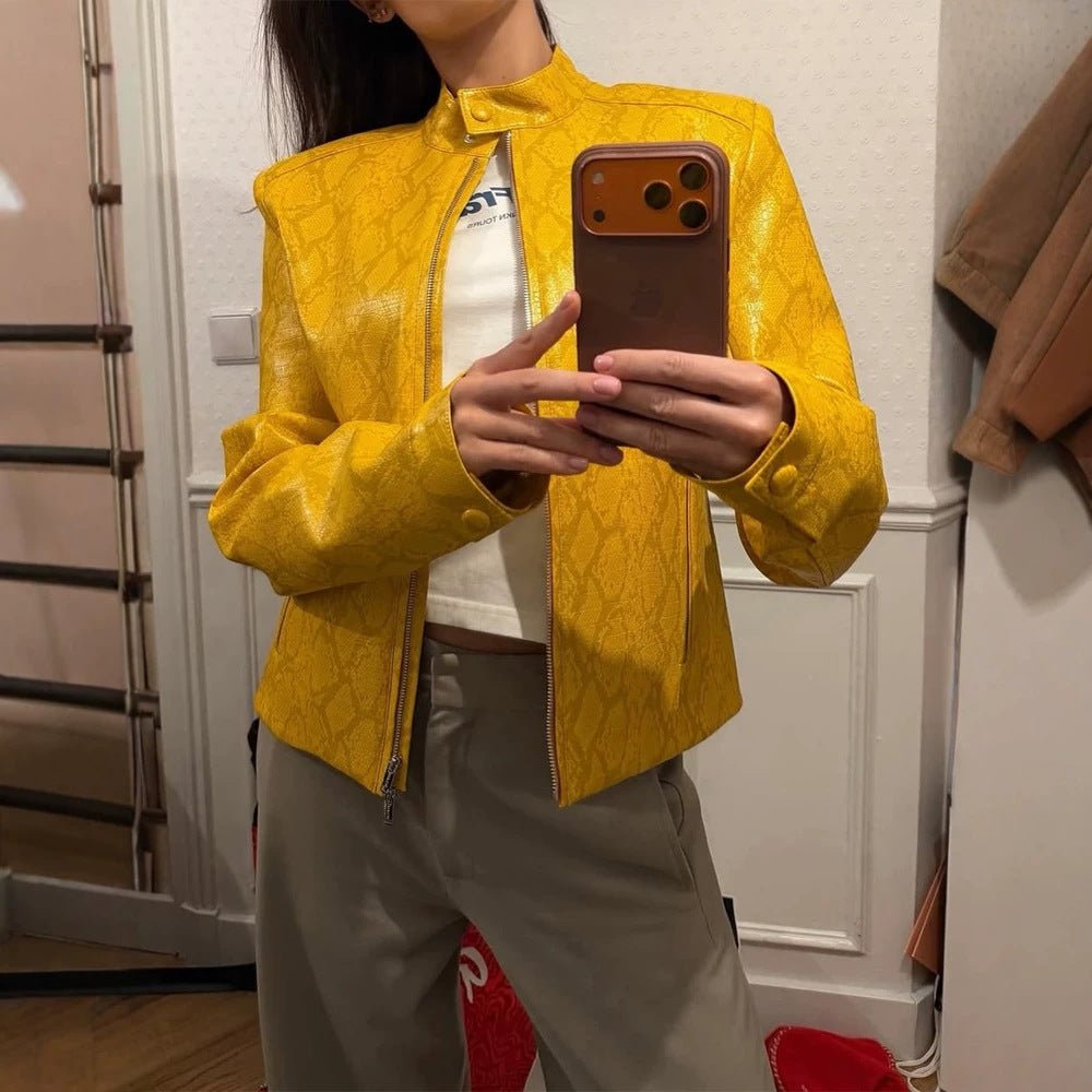Women short cut snake embossed biker jacket with stand collar and zip pockets Chichicherry - Chichicherry