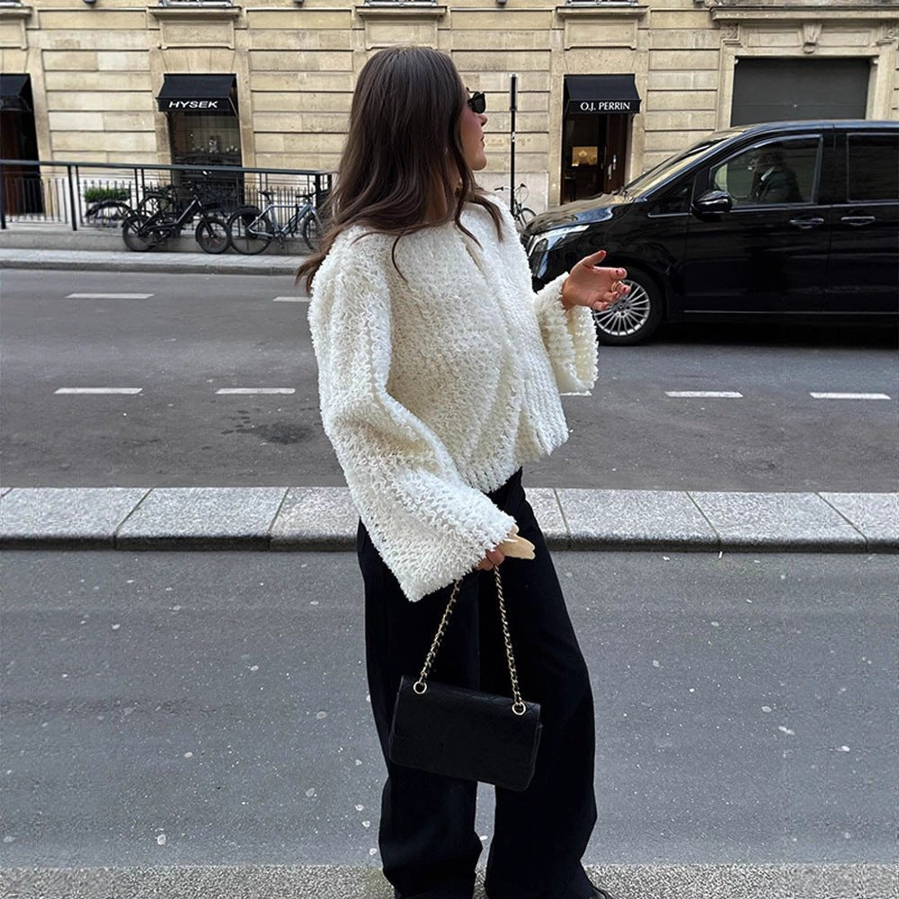 Women Short-Cut Textured Faux Fur Cardigan with Voluminous Sleeves Chichicherry - Chichicherry