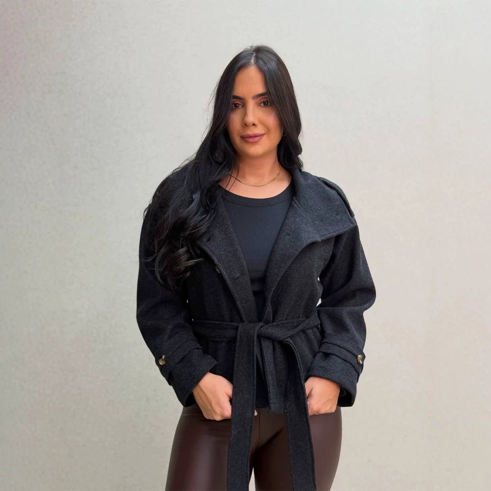 Women Short Double-Breasted Coat with Stand Collar and Tied Belt Chichicherry - Chichicherry