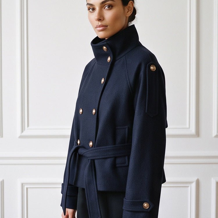 Women Short Double-Breasted Coat with Stand Collar and Tied Belt Chichicherry - Chichicherry