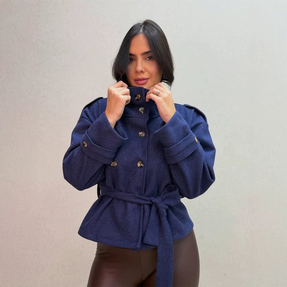 Women Short Double-Breasted Coat with Stand Collar and Tied Belt Chichicherry - Chichicherry
