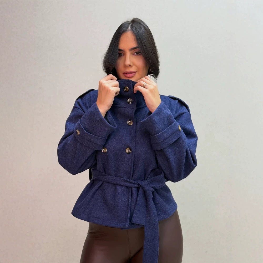 Women Short Double-Breasted Coat with Stand Collar and Tied Belt Chichicherry - Chichicherry