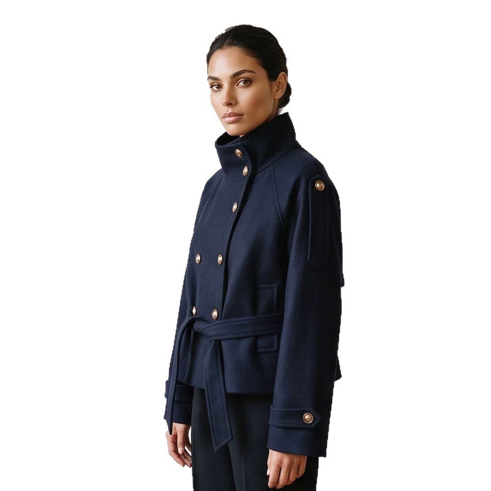 Women Short Double-Breasted Coat with Stand Collar and Tied Belt Chichicherry - Chichicherry