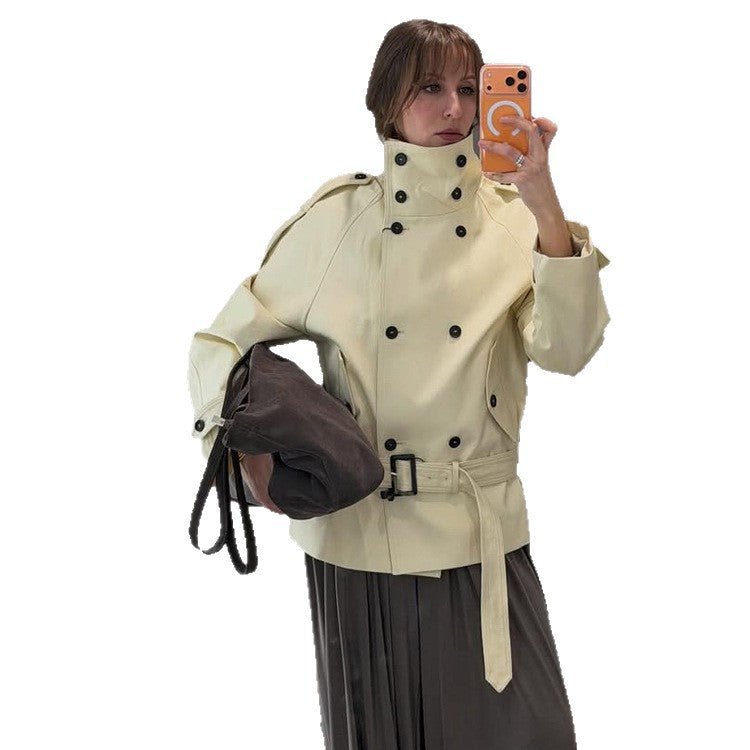 Women Short Double-Breasted Trench Jacket with High Standing Collar and Waist Belt Chichicherry - Chichicherry