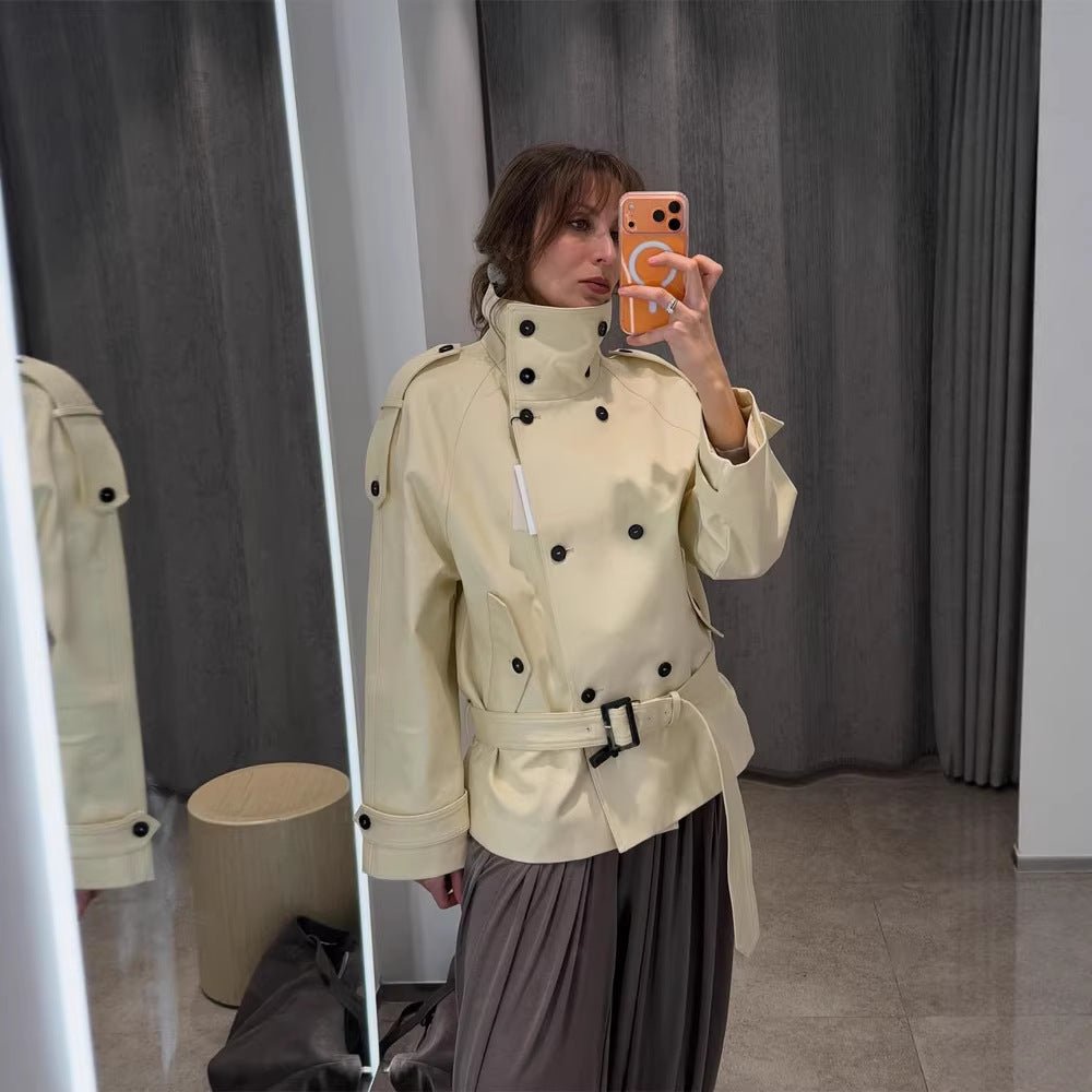 Women Short Double-Breasted Trench Jacket with High Standing Collar and Waist Belt Chichicherry - Chichicherry