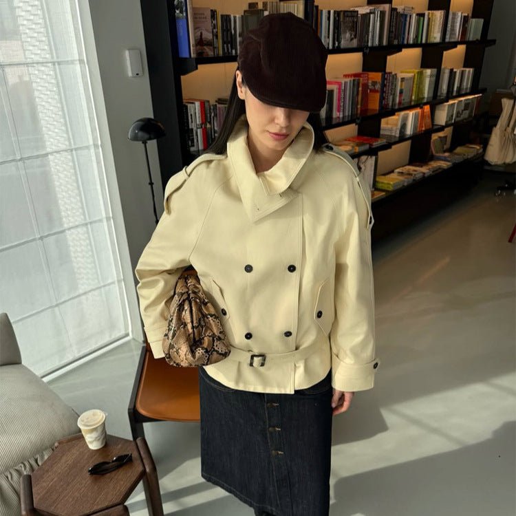 Women Short Double-Breasted Trench Jacket with High Standing Collar and Waist Belt Chichicherry - Chichicherry
