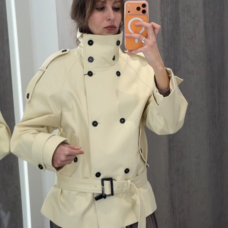 Women Short Double-Breasted Trench Jacket with High Standing Collar and Waist Belt Chichicherry - Chichicherry