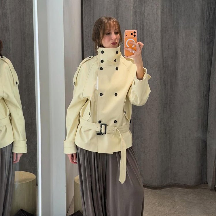 Women Short Double-Breasted Trench Jacket with High Standing Collar and Waist Belt Chichicherry - Chichicherry