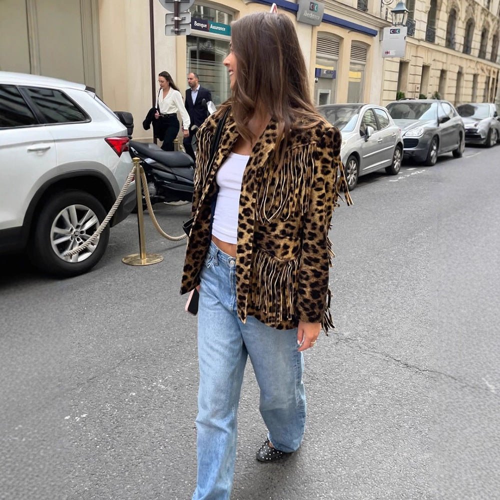 Women Short Faux Fur Blouson with Leopard Print and Fringe Chichicherry - Chichicherry