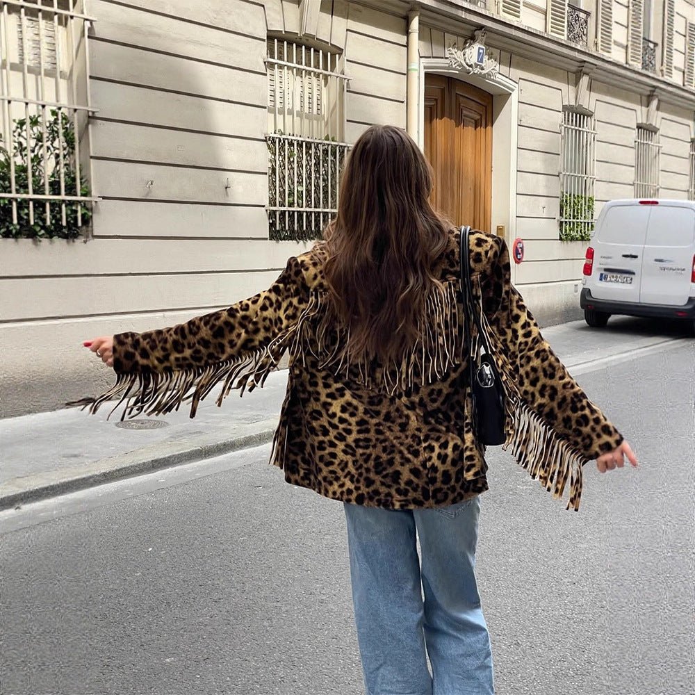 Women Short Faux Fur Blouson with Leopard Print and Fringe Chichicherry - Chichicherry