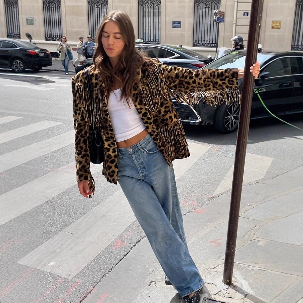 Women Short Faux Fur Blouson with Leopard Print and Fringe Chichicherry - Chichicherry