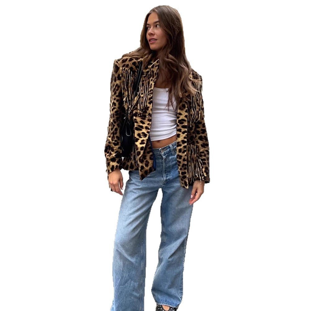 Women Short Faux Fur Blouson with Leopard Print and Fringe Chichicherry - Chichicherry