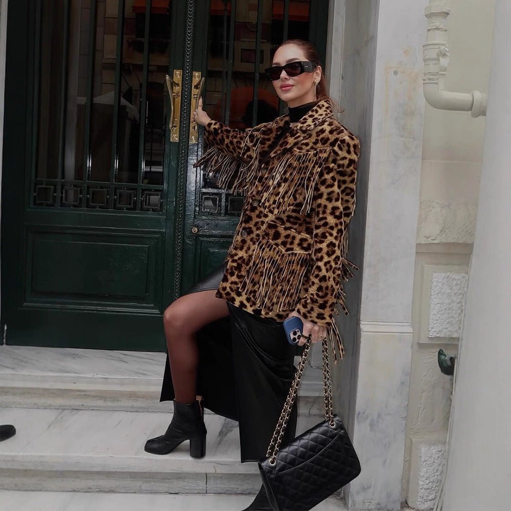 Women Short Faux Fur Blouson with Leopard Print and Fringe Chichicherry - Chichicherry