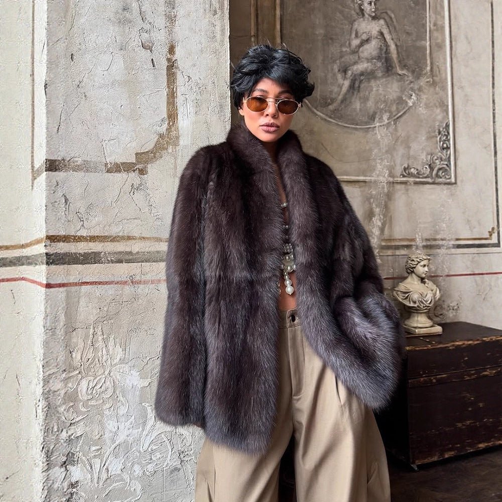 Women Short Fur Coat in Boxy Cut with Voluminous Shawl Collar Chichicherry - Chichicherry