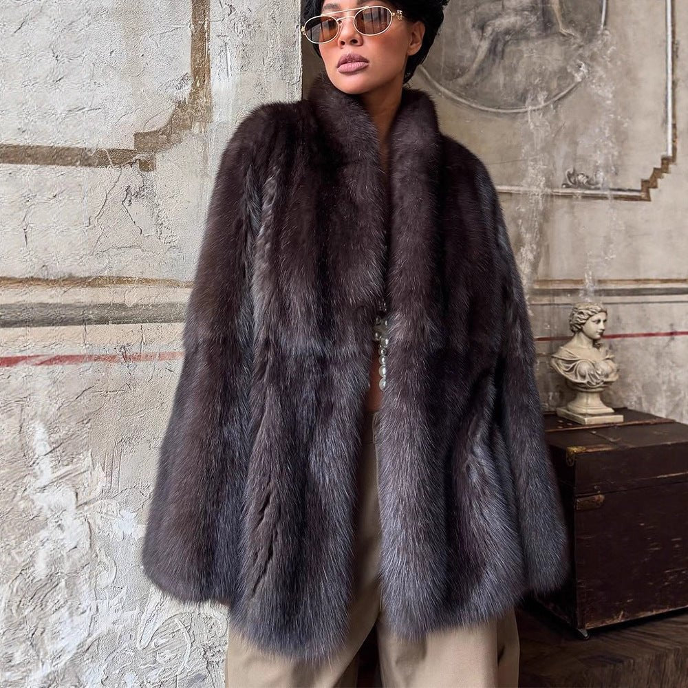 Women Short Fur Coat in Boxy Cut with Voluminous Shawl Collar Chichicherry - Chichicherry