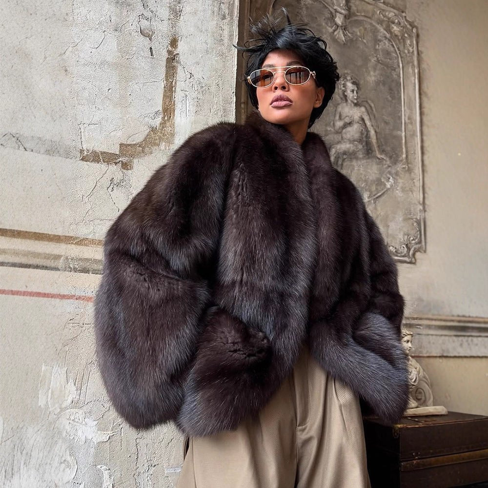 Women Short Fur Coat in Boxy Cut with Voluminous Shawl Collar Chichicherry - Chichicherry