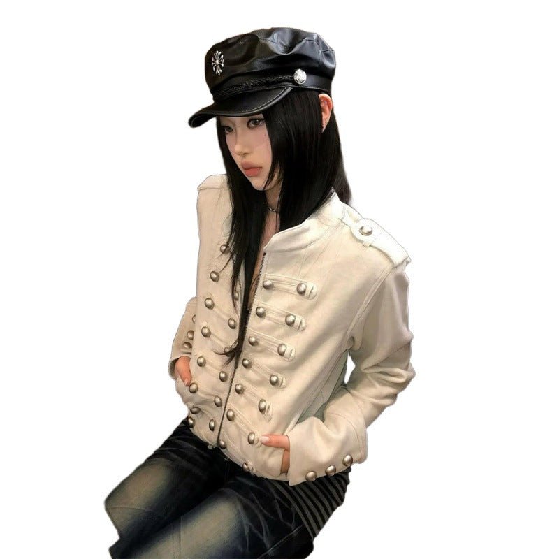 Women Short Military Inspired Jacket with Double Decorative Button Placket and Cuffs Chichicherry - Chichicherry