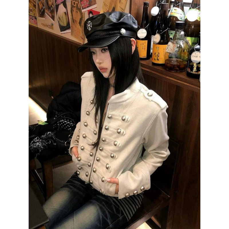 Women Short Military Inspired Jacket with Double Decorative Button Placket and Cuffs Chichicherry - Chichicherry