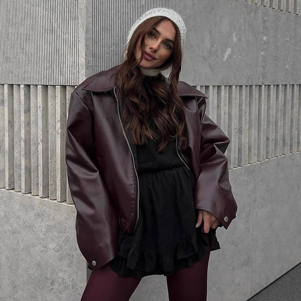 Women Short Oversized Faux Leather Flight Jacket with Distinctive Lapel and Snap Button Cuffs Chichicherry - Chichicherry