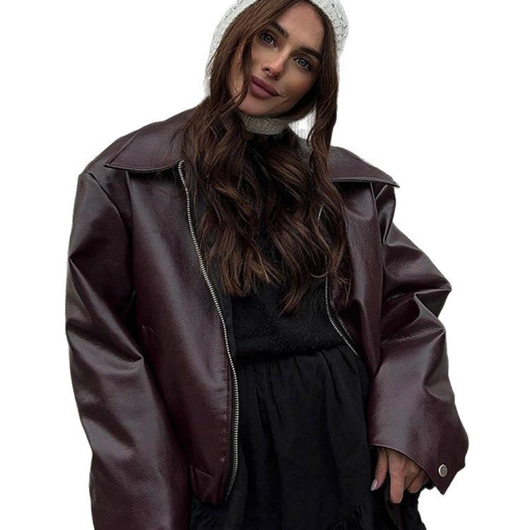 Women Short Oversized Faux Leather Flight Jacket with Distinctive Lapel and Snap Button Cuffs Chichicherry - Chichicherry