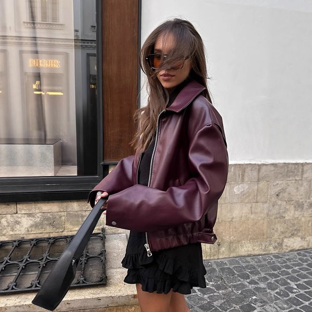 Women Short Oversized Faux Leather Flight Jacket with Distinctive Lapel and Snap Button Cuffs Chichicherry - Chichicherry