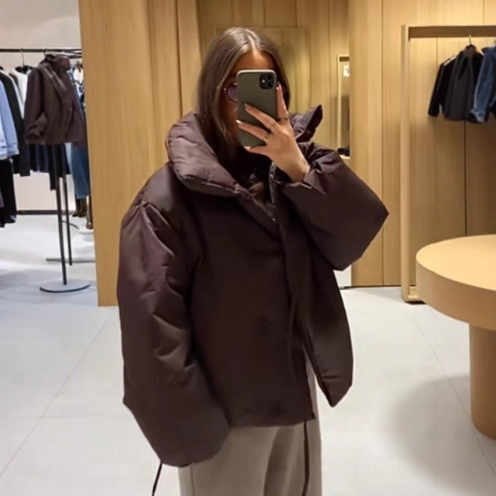 Women Short Padded Oversized Puffer Jacket with Hood and Tie Belt Chichicherry - Chichicherry