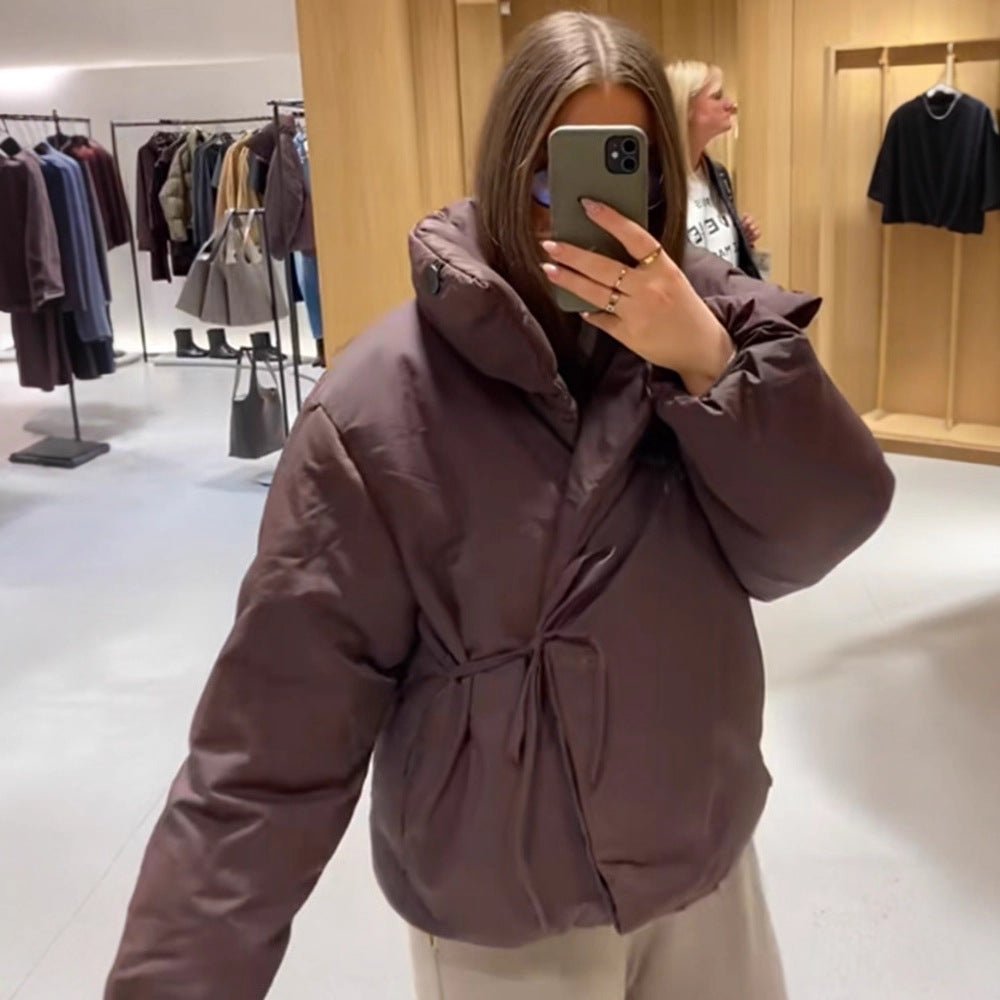 Women Short Padded Oversized Puffer Jacket with Hood and Tie Belt Chichicherry - Chichicherry