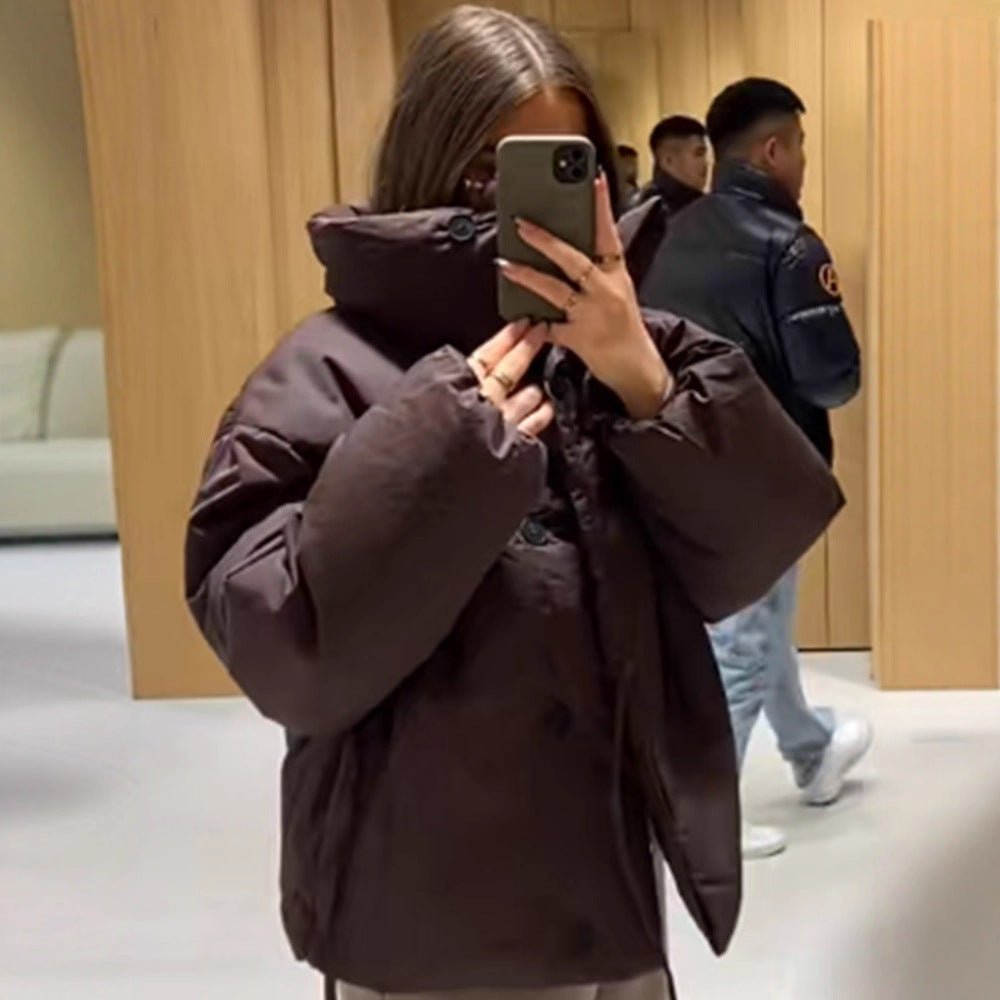 Women Short Padded Oversized Puffer Jacket with Hood and Tie Belt Chichicherry - Chichicherry