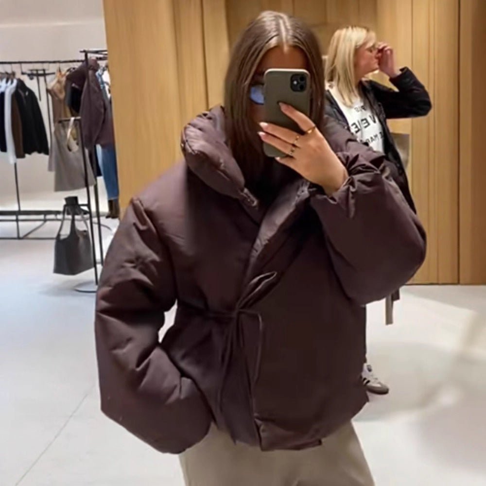 Women Short Padded Oversized Puffer Jacket with Hood and Tie Belt Chichicherry - Chichicherry