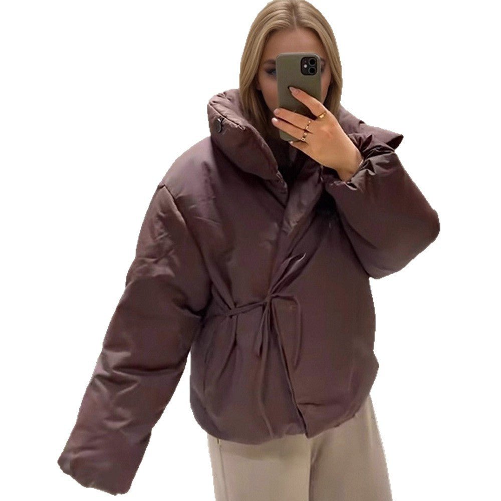 Women Short Padded Oversized Puffer Jacket with Hood and Tie Belt Chichicherry - Chichicherry
