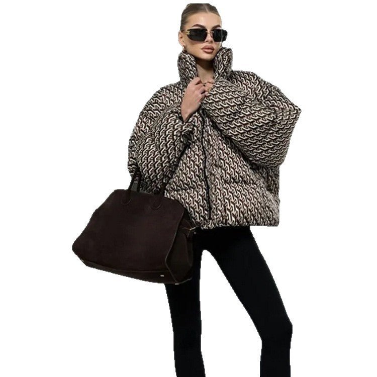 Women Short Quilted Oversized Quilted Jacket with High Shawl Collar Chichicherry - Chichicherry
