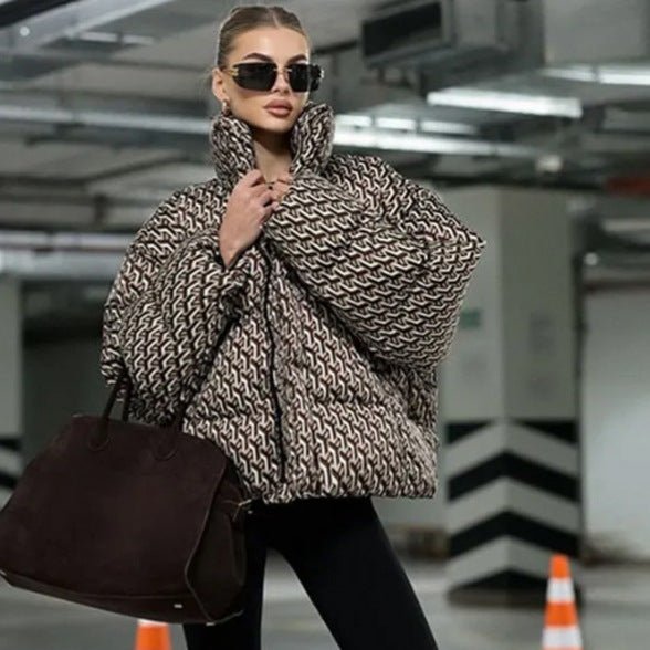 Women Short Quilted Oversized Quilted Jacket with High Shawl Collar Chichicherry - Chichicherry