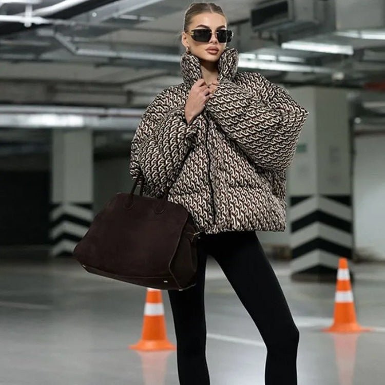 Women Short Quilted Oversized Quilted Jacket with High Shawl Collar Chichicherry - Chichicherry