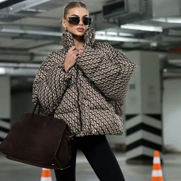 Women Short Quilted Oversized Quilted Jacket with High Shawl Collar Chichicherry - Chichicherry
