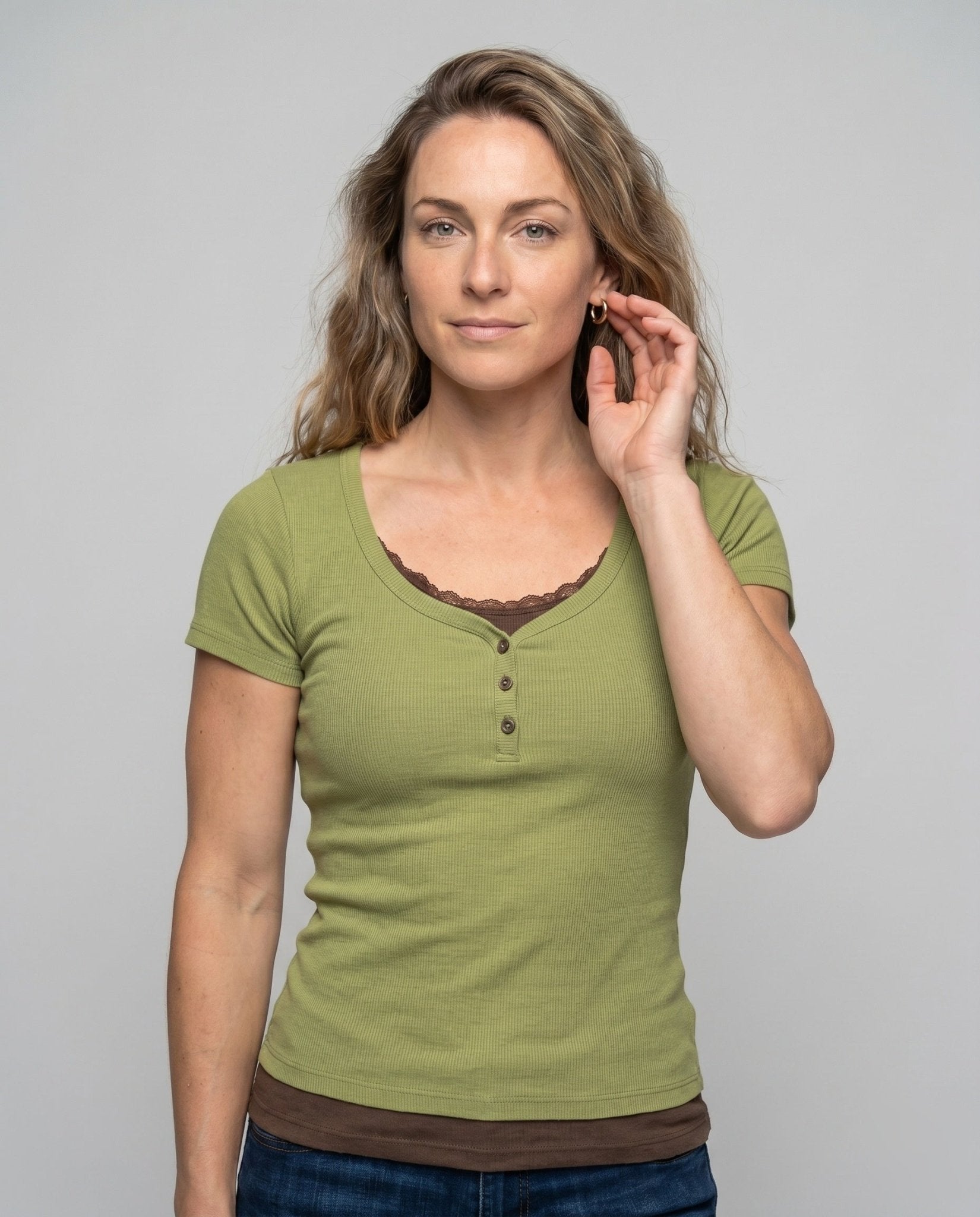 Women Short Sleeve Shirt with Decorative Buttons and Playful Neckline - Chichicherry