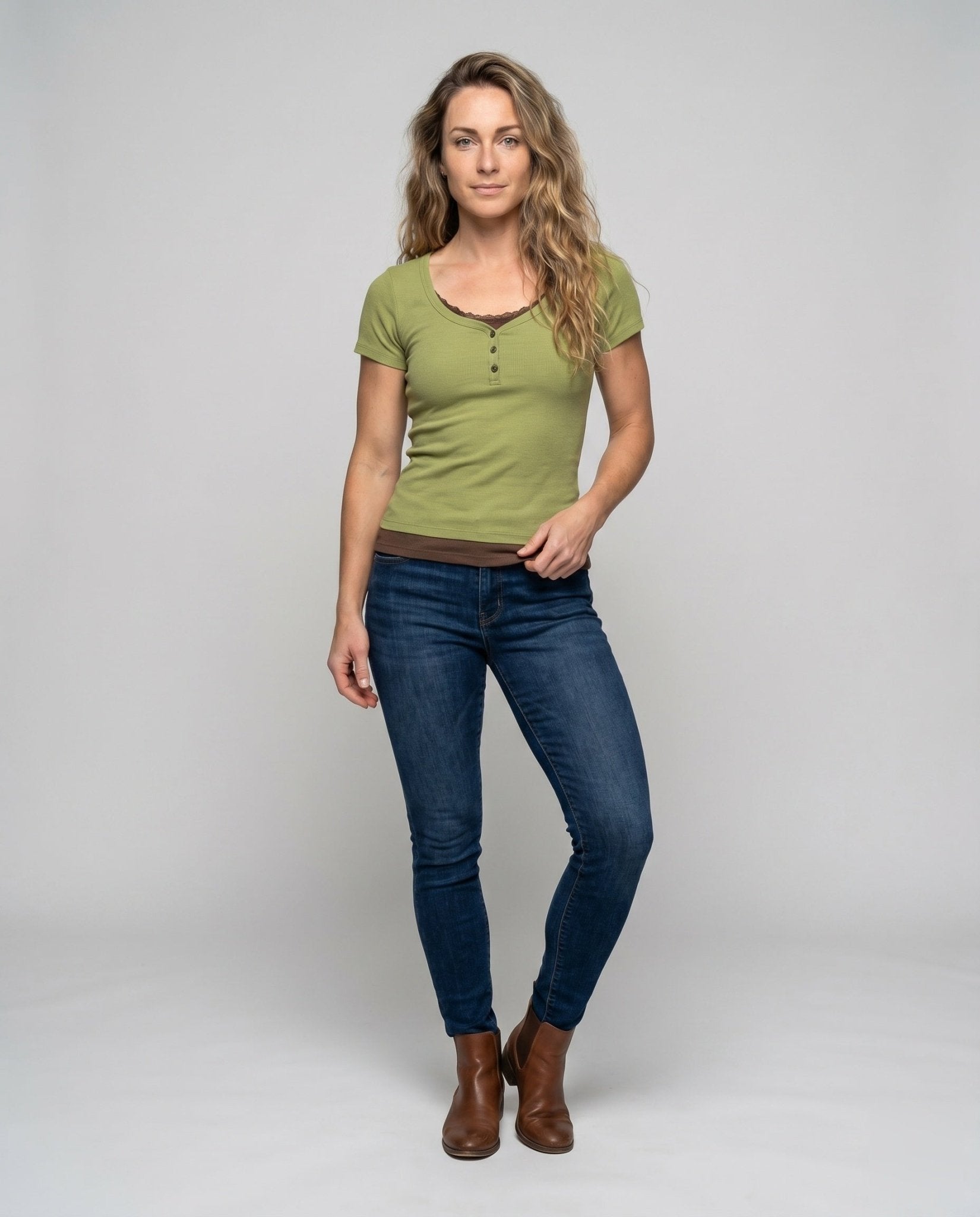 Women Short Sleeve Shirt with Decorative Buttons and Playful Neckline - Chichicherry