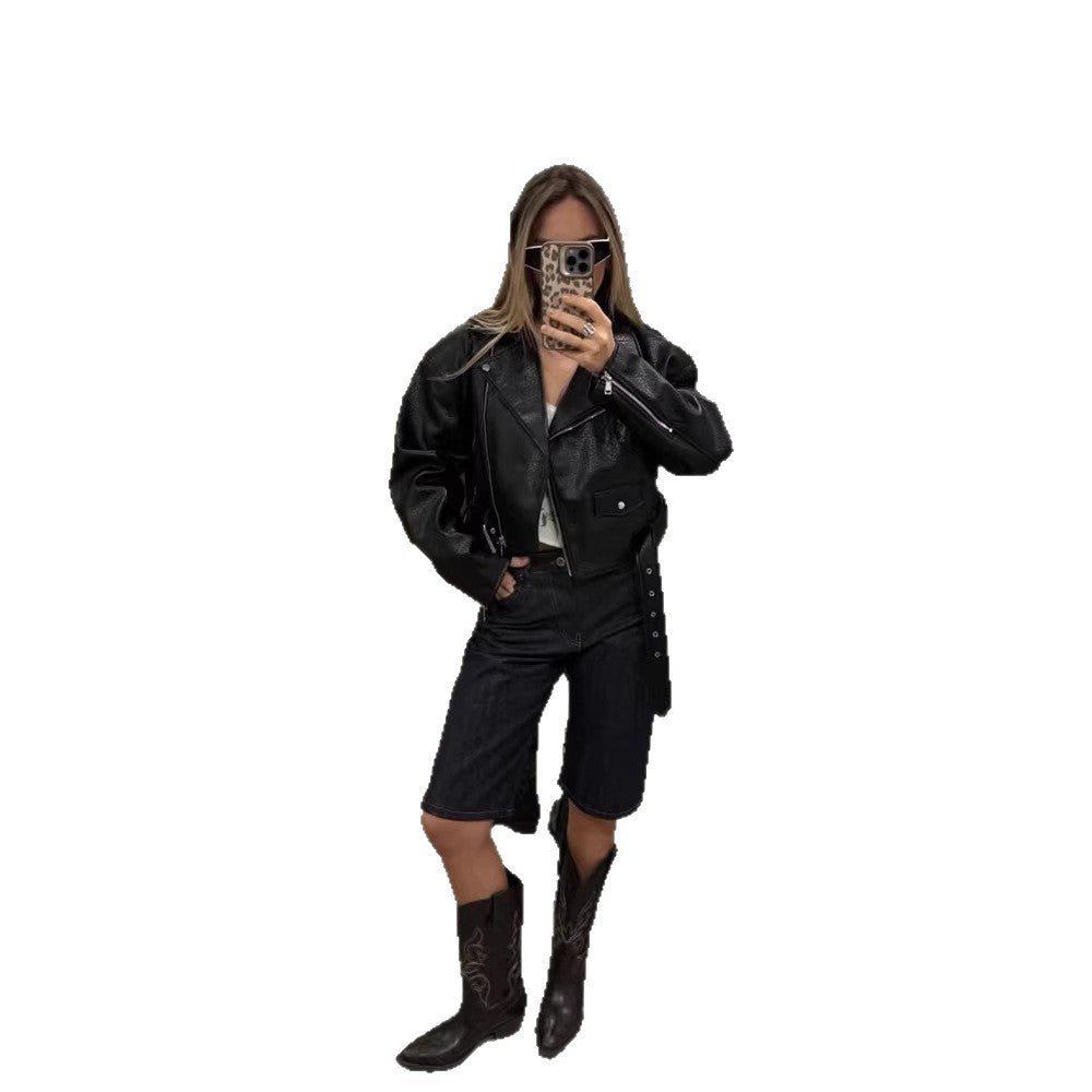 Women Short Structured Biker Jacket Made of Faux Leather Chichicherry - Chichicherry