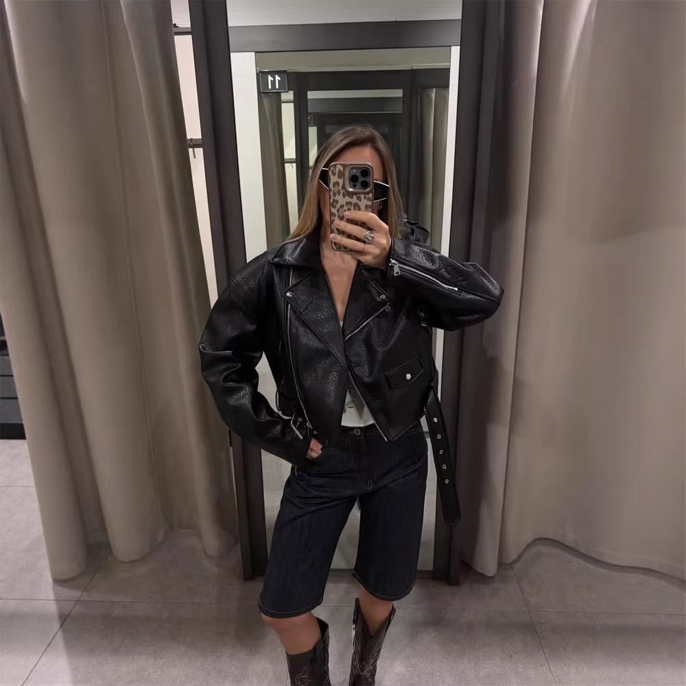 Women Short Structured Biker Jacket Made of Faux Leather Chichicherry - Chichicherry